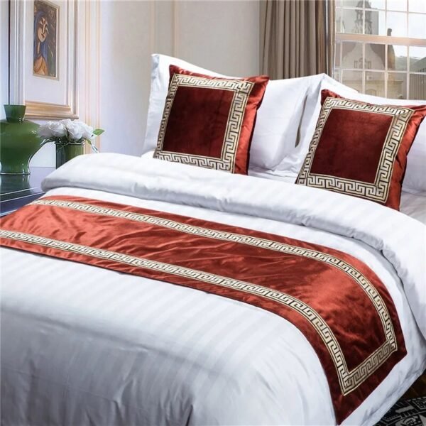 High-grade Pure Color Embroidery Bed Runners New Chinese Style Velvet Throw Runners Golden Red Bed Flag Covers Pillowcases-Arlik interiors