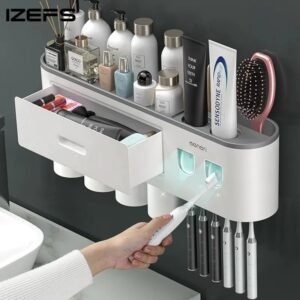 IZEFS Magnetic Adsorption Inverted Toothbrush Holder Double Automatic Toothpaste Dispenser Storage Rack Bathroom Accessories Set-Arlik interiors